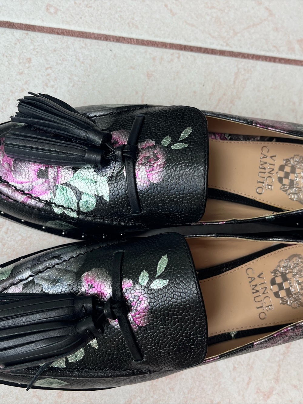 Vince Camuto Black Floral Tassel Loafers with Pink & Green Accents